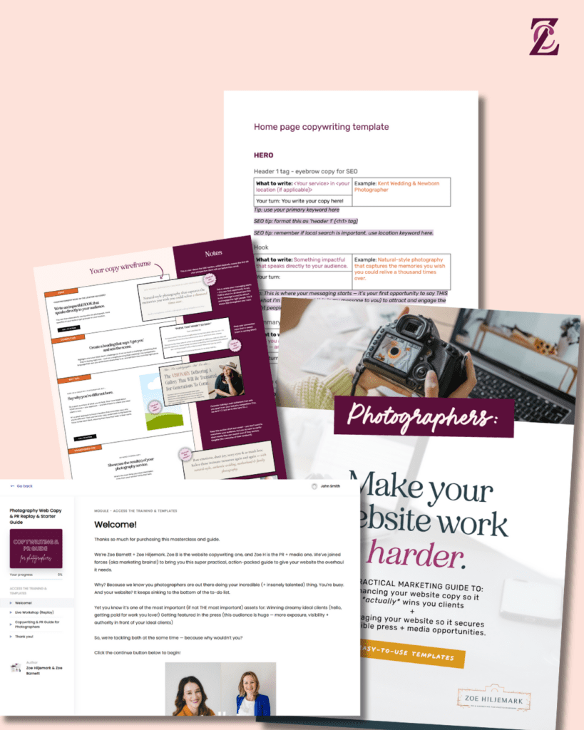 Photographer website: marketing masterclass, guide + web copy template