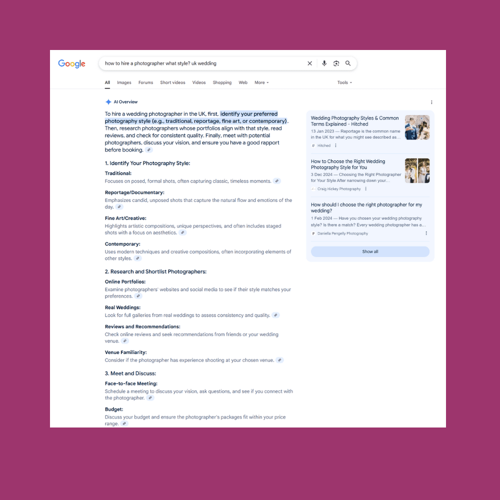 Ai Overview for photographers SEO example