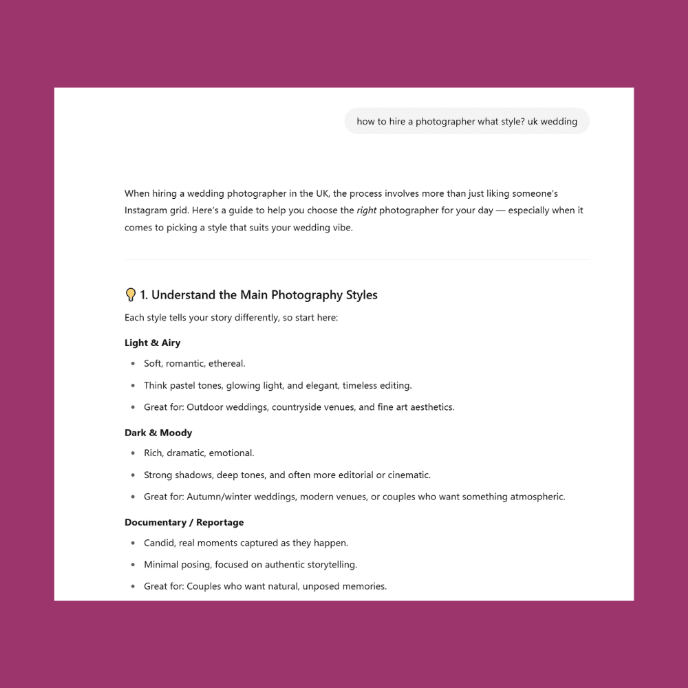 AI SEO for photographers example