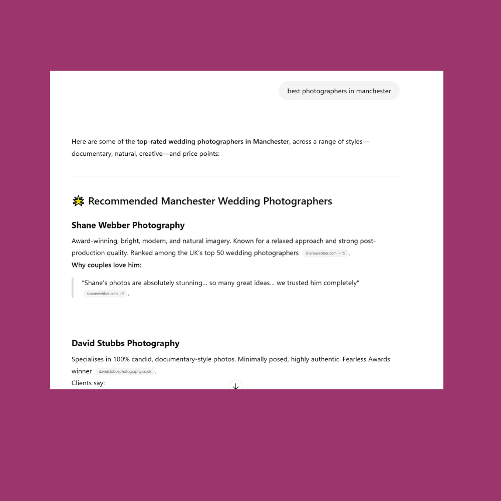 ChatGPT example showing photographer query for SEO - optimising website for AI